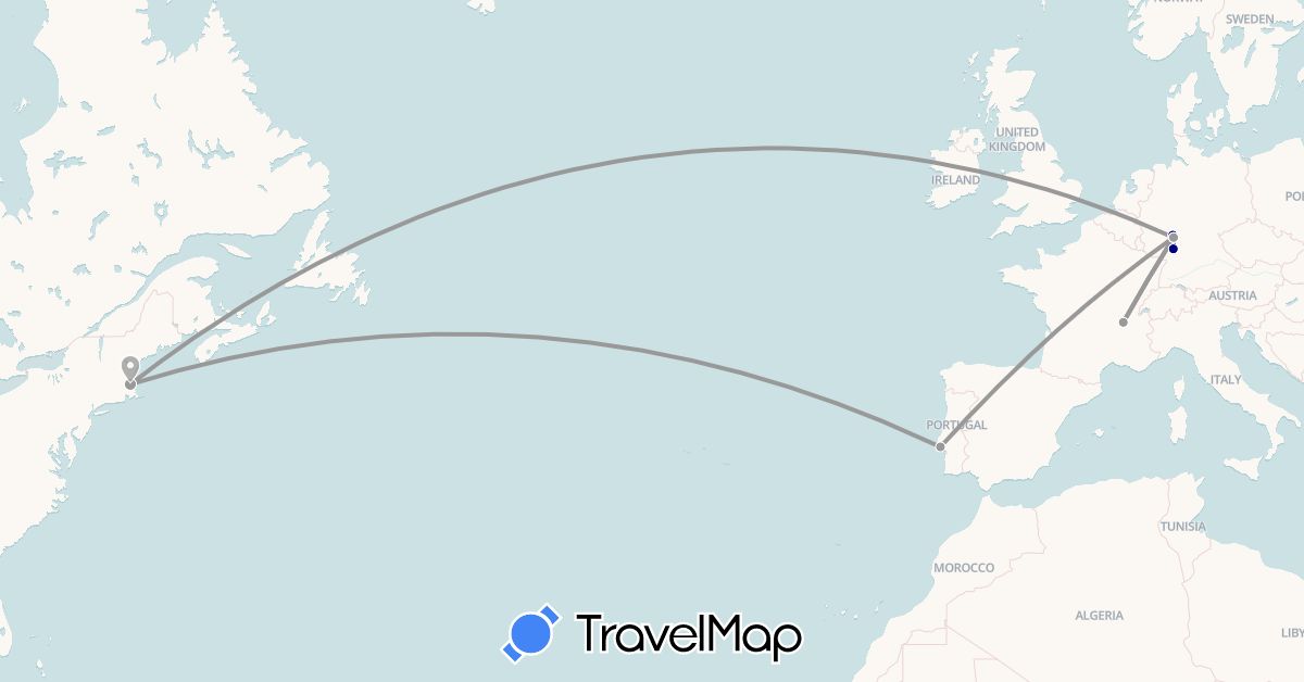 TravelMap itinerary: driving, plane in Germany, France, Portugal, United States (Europe, North America)